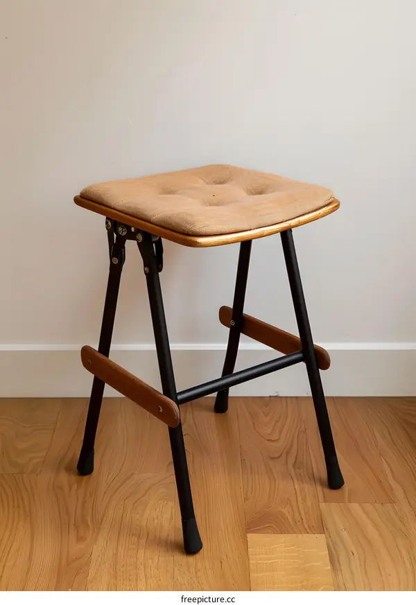 Vintage Folding Stool with Black Metal Legs and Brown Fabric Seat