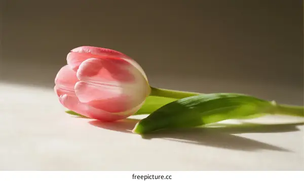 A Delicate Pink Tulip with Fresh Green Leaves