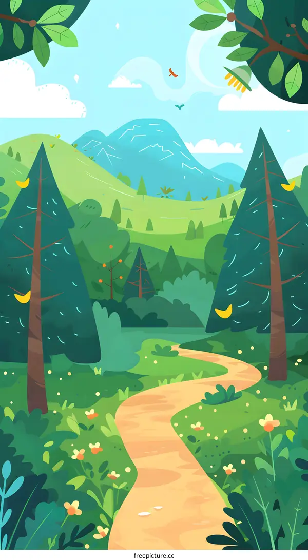 Winding Path Through Green Forest Landscape Illustration