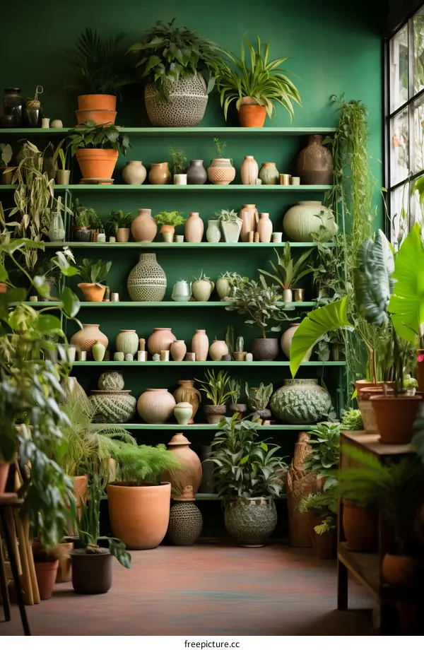 Green Plants and Pots on Shelves in a Home