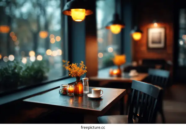Cozy Cafe Interior View on a Rainy Day