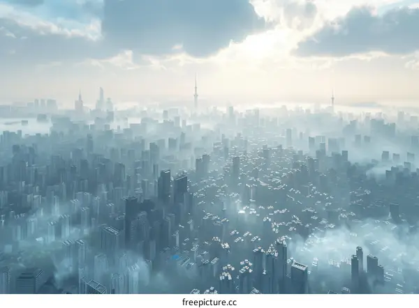 Aerial View of a Misty Cityscape