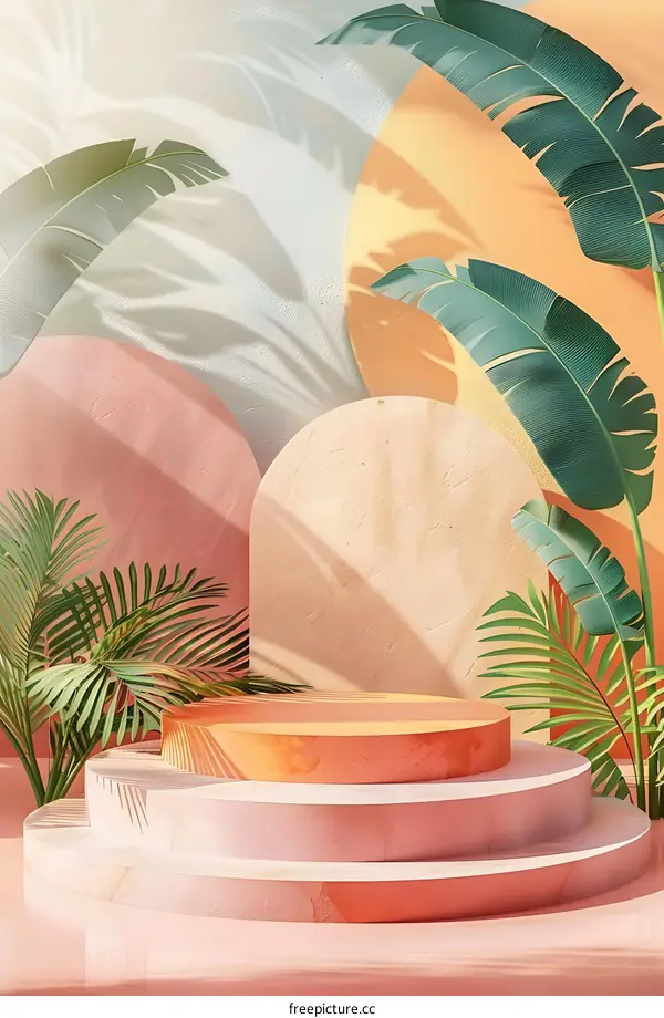 Tropical Summer Minimalist Product Display Platform with Palm Leaves and Soft Lighting