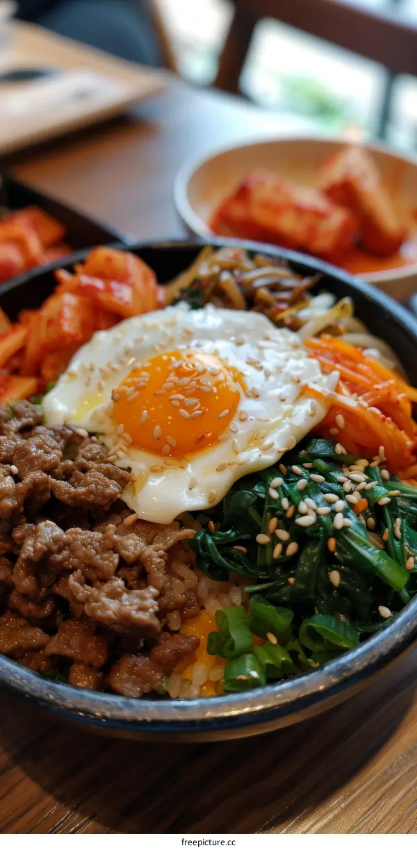 Korean Dolsot Bibimbap with Egg, Kimchi and Vegetables