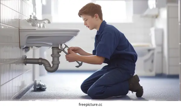 Young plumber fixing a sink