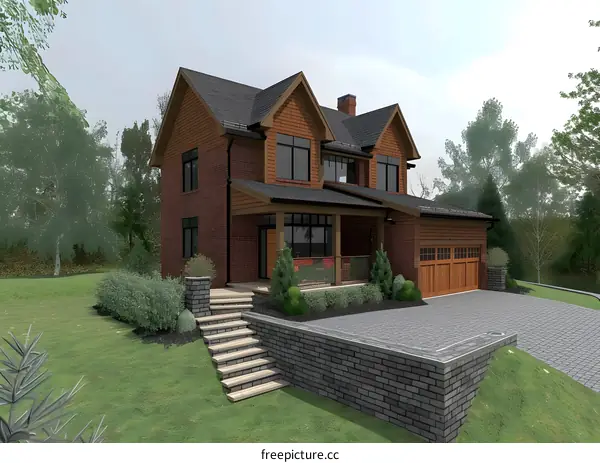 Modern Brick House with Stone Steps and Landscaping