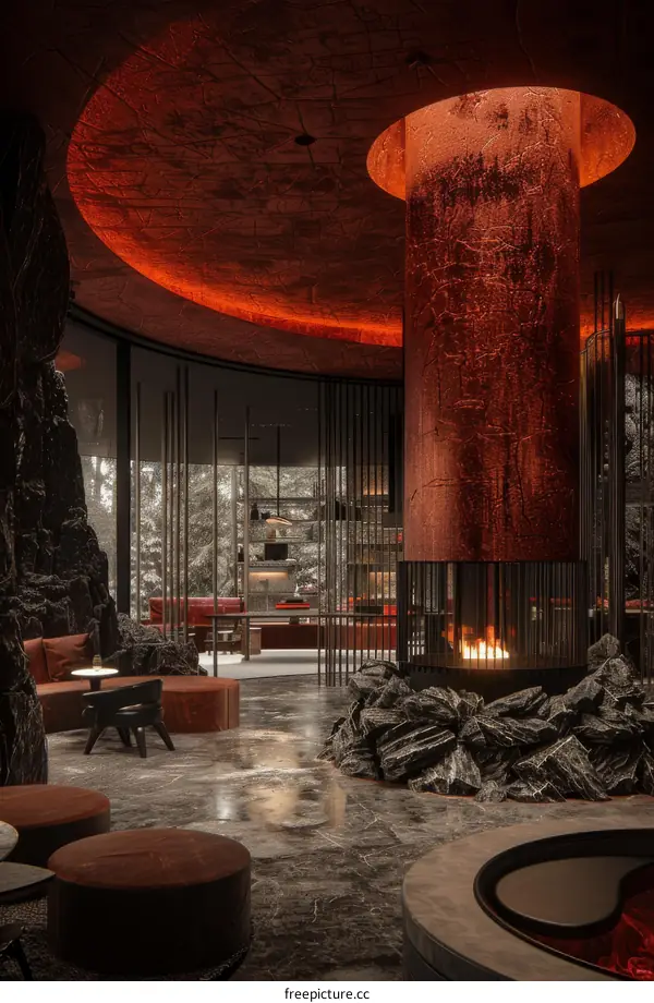 futuristic living room interior design with fireplace and large windows