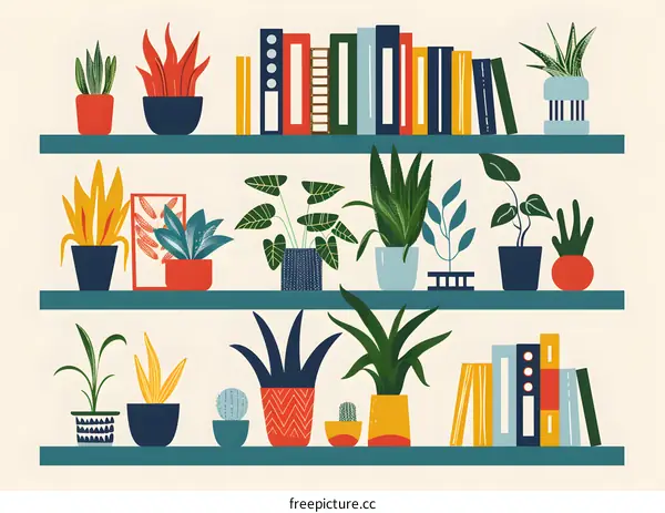 Colorful Illustrated Shelf with Plants and Books
