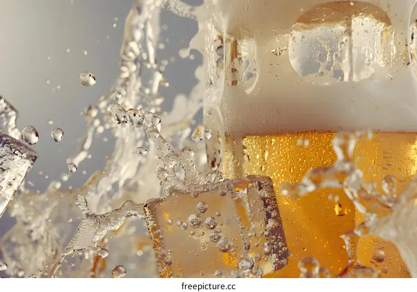 Glass of Beer with Ice Cubes Splashing