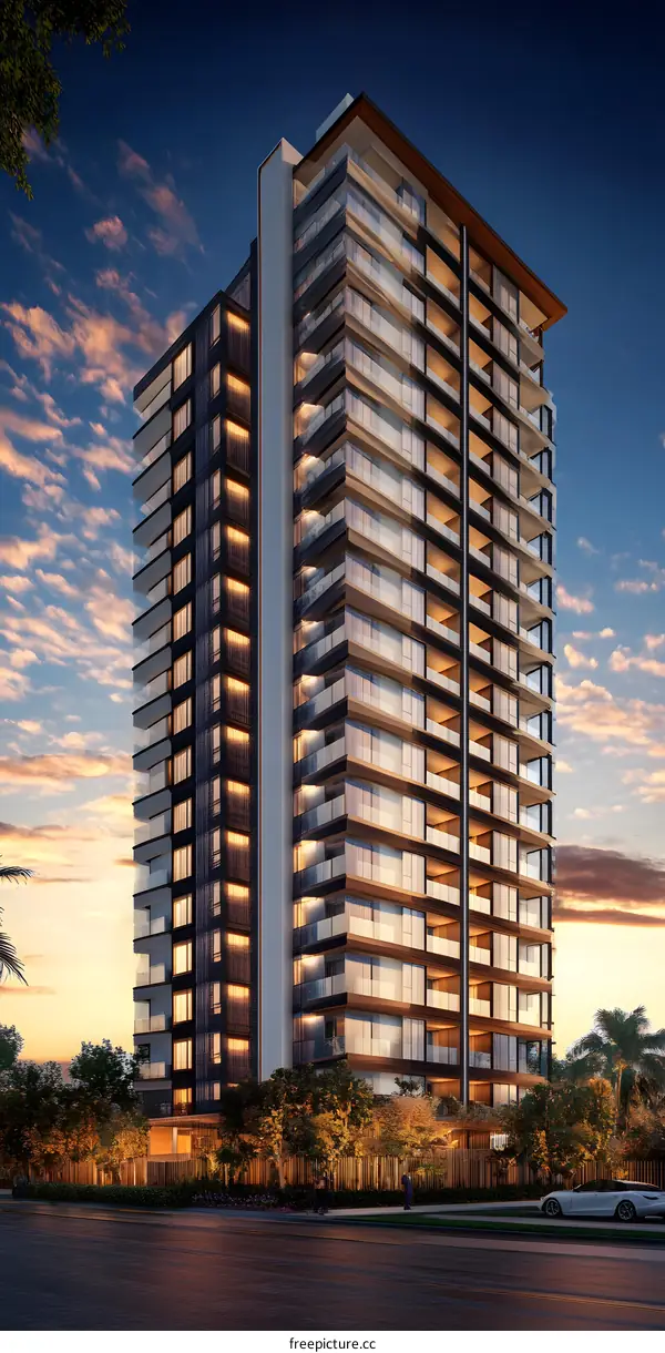 Modern Residential Building With Glass Facade at Dusk