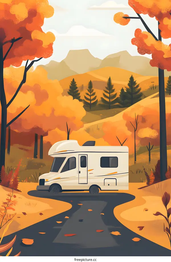 Autumn Landscape with Motorhome on Winding Road