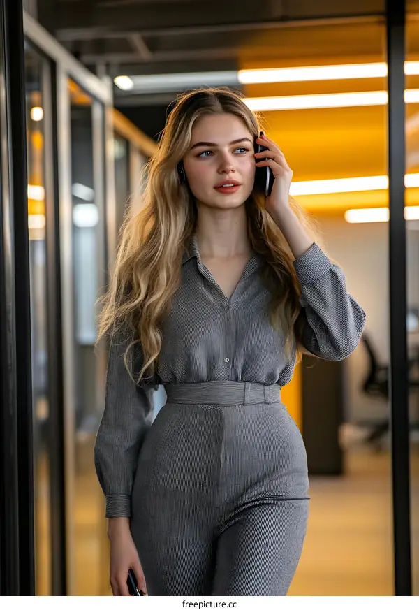 Woman in a Grey Suit Talking on the Phone