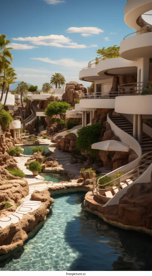 Futuristic resort with pools and private terraces