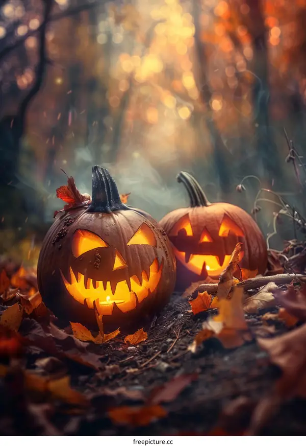Two spooky pumpkins sit in a pile of fall leaves in the woods at night