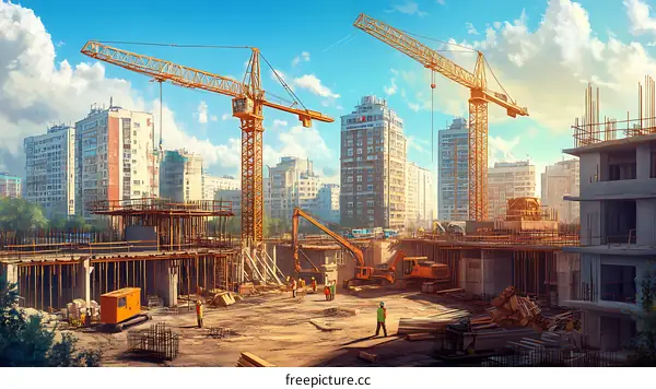Modern City Under Construction with Cranes and Workers