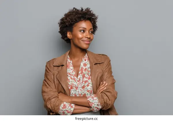 Confident Woman in a Stylish Outfit Against a Grey Background