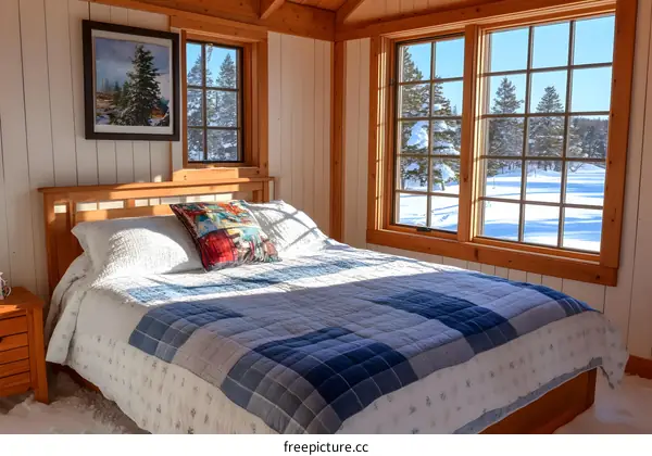 Cozy Cabin Bedroom With Snowy Landscape View