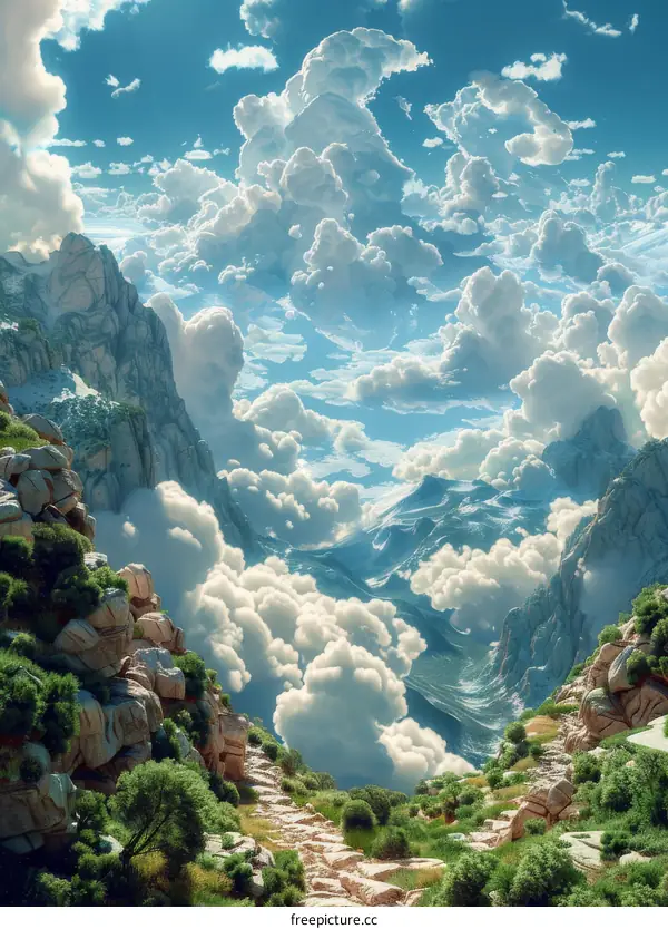 Celestial Mountain Landscape with Clouds and Majestic Peaks