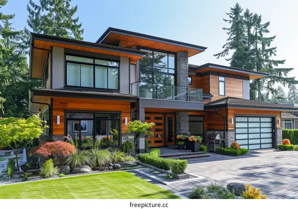 Modern house exterior with wood and glass