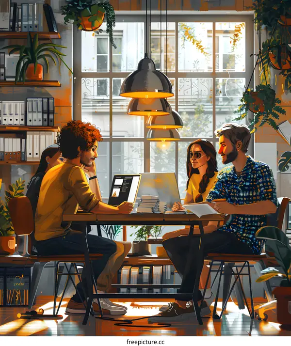 Four People Working Together in a Modern Office Space