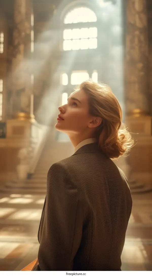 Elegant woman in suit looking at the light in awe inside a grand hall