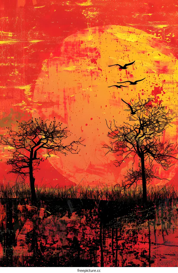 Abstract Sunset With Silhouette Trees