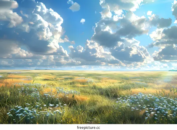 The golden prairie is extraordinarily beautiful under the blue sky and white clouds