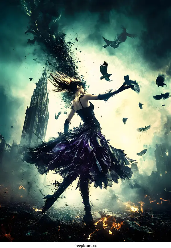 Woman Dancing in the Ruins with Birds