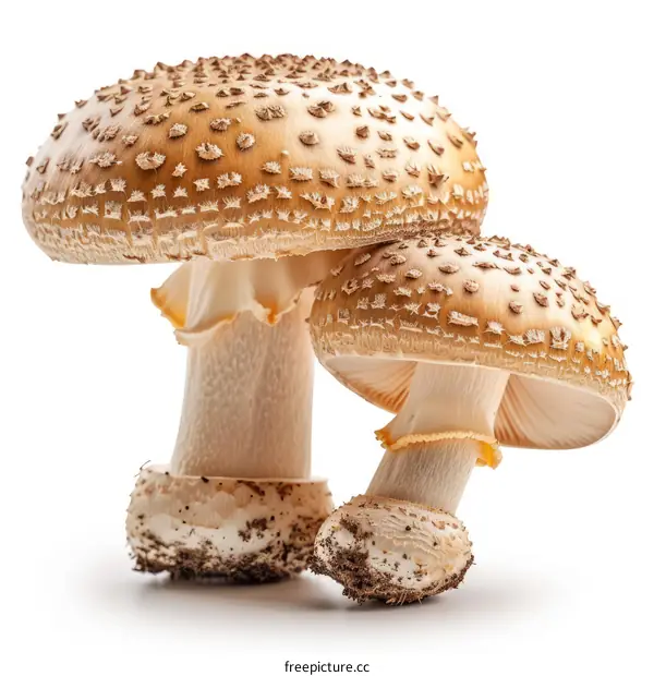 Closeup of Two Brown Mushrooms with White Spots