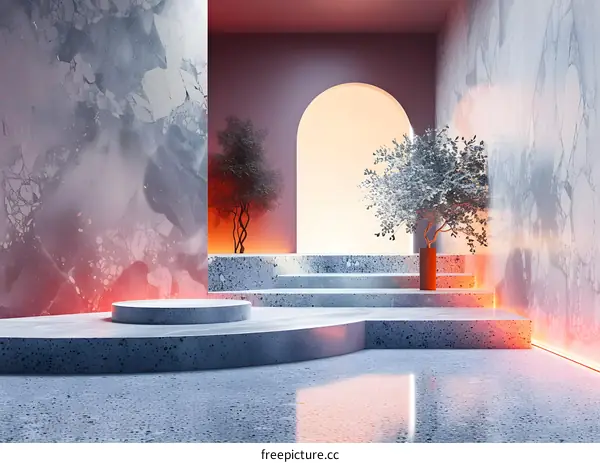 Pink and gray marble podium with trees