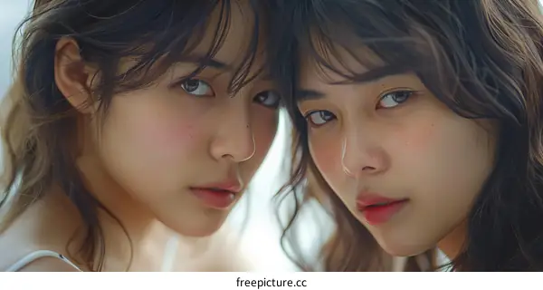 Portrait of two beautiful Asian women with long dark hair