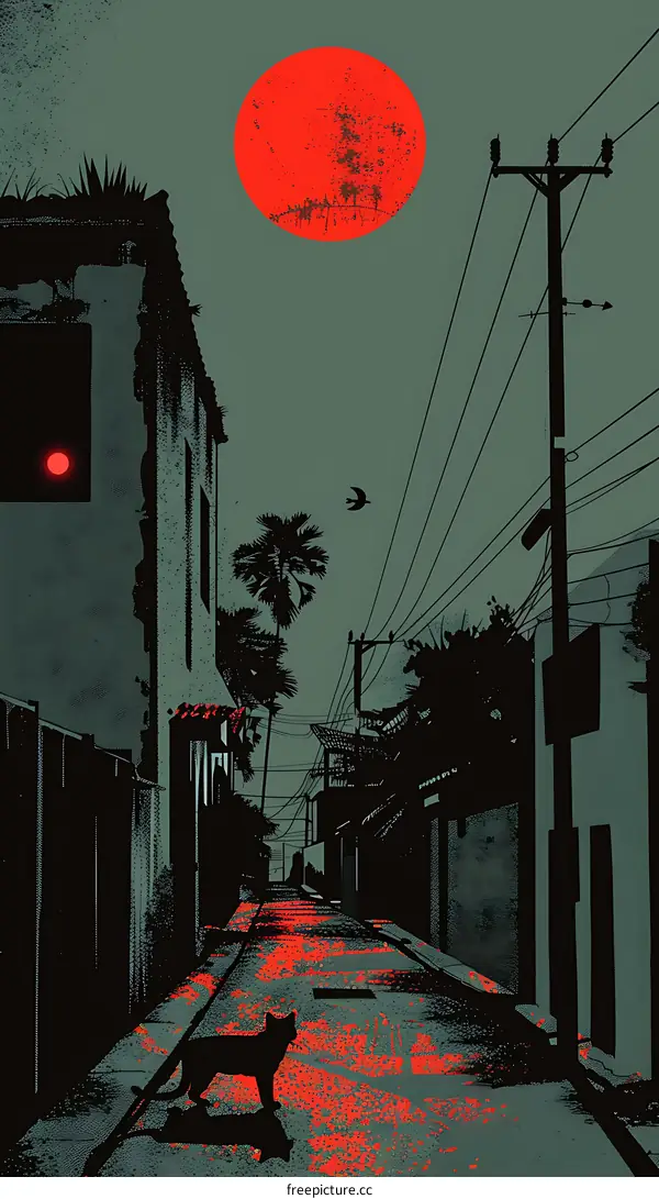 Red Moon Night Alleyway with Silhouette of a Cat