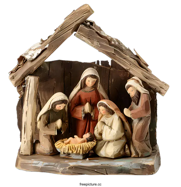 [Transparent Background PNG]Wooden Nativity Scene with Baby Jesus in Manger