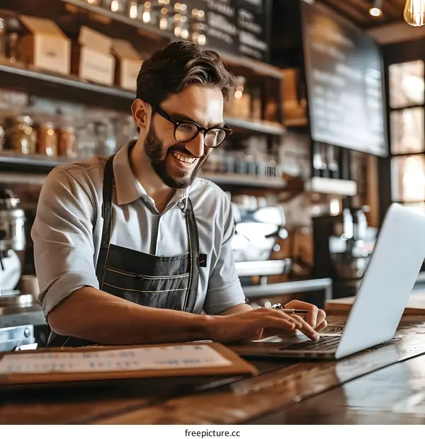 Smiling Barista Working On Laptop in Coffee Shop