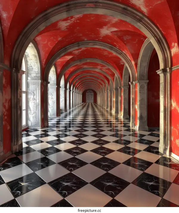 Red and white checkered floor tiles in a long hallway with red arched ceiling