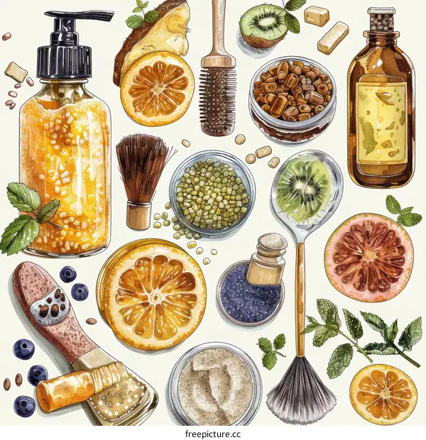 Natural Skin Care Ingredients: Orange Slices, Kiwi, Pumice & Bottles