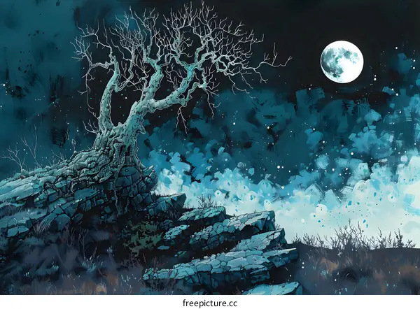 A Lone Tree on a Cliff Under the Moonlight