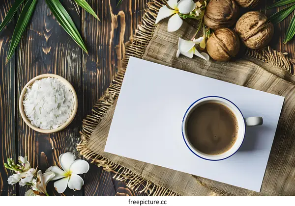Coffee Cup with Coconut Flakes and Walnuts on a Wooden Background
