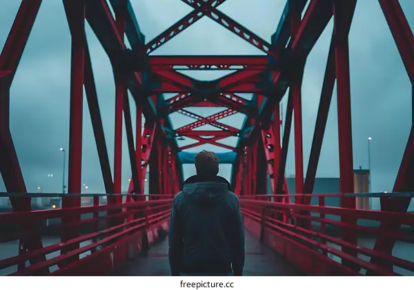 Man Walking on Red Bridge