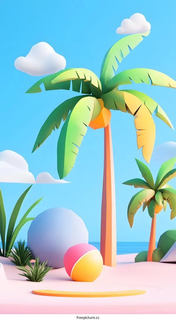 Summer Beach Scene with Palm Trees and Beach Ball