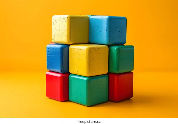 Colorful wooden blocks stacked on a yellow background