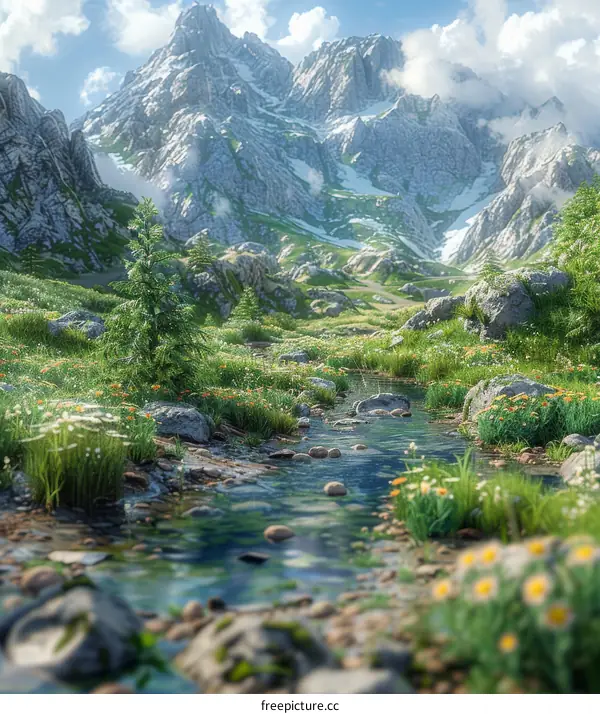 Majestic Mountain River with Wildflowers
