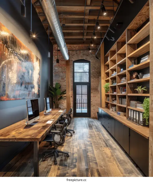 Industrial Style Office Workspace With Exposed Brick Wall And Wooden Bookshelf