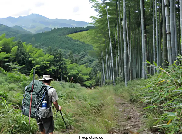 Hiking Through Lush Green Bamboo Forest in Mountains