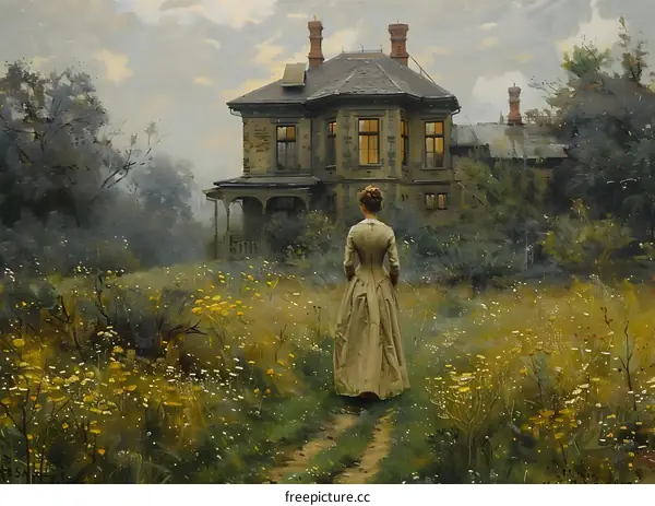 Woman in front of a haunted house