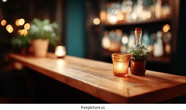 Wooden Bar Counter with Decorative Items