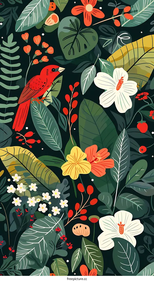 Colorful Floral Pattern With Red Bird On A Dark Background