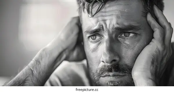 A man with a beard and a mustache is looking at the camera with his hands on his head.