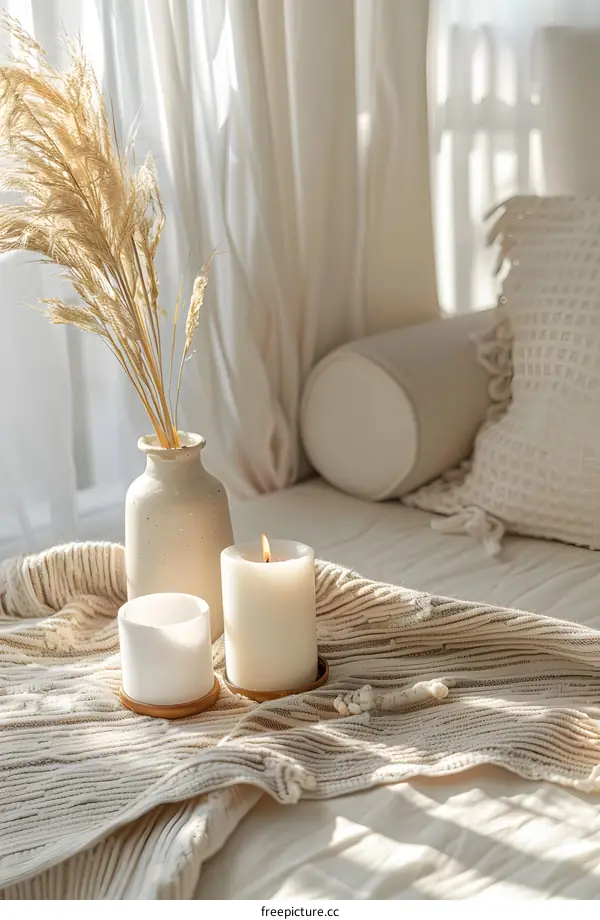Beige Aesthetic Interior Design with Candles and Dried Flowers
