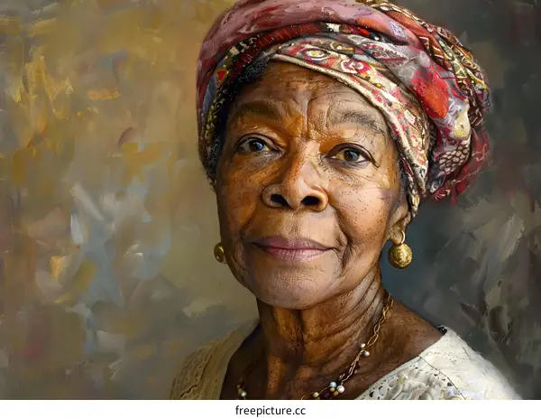 Portrait of an elderly African American woman wearing a headscarf